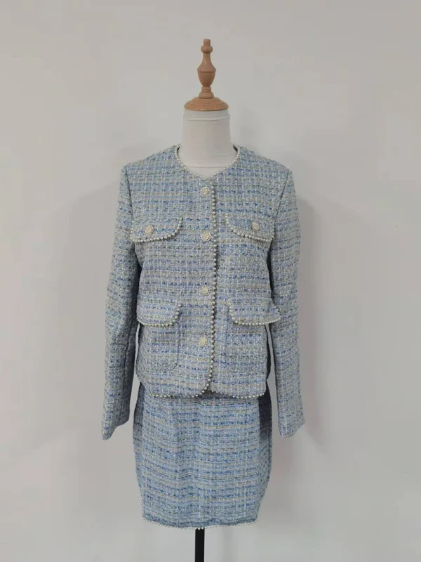 Giacca da donna blu moda socialite 2024 Autunno e inverno Nuovo temperamento Cappotto che riduce l'età Gonna superiore Lady Set a due pezzi 2
