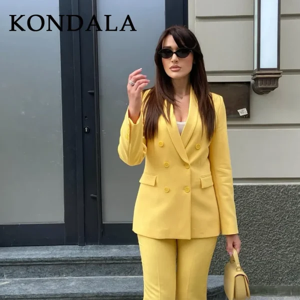 KONDALA 2025 Autunno Inverno Burro Giallo Office Lady Abiti Moda Doppio Petto Coprispalle Couverture Colletto Blazer Chic Pantaloni solidi 3