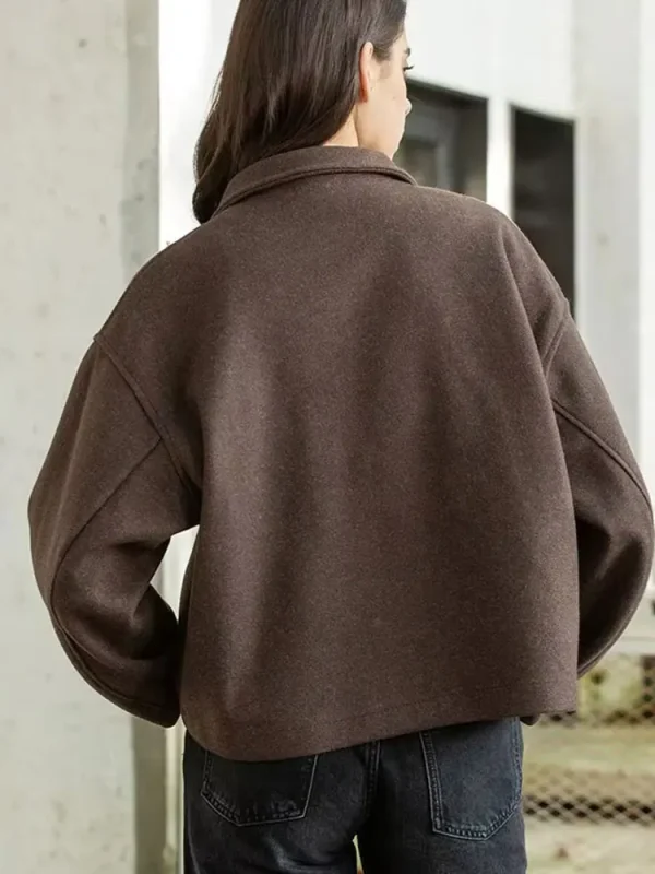 HH Giacca di lana con cerniera marrone moda per donna Cappotti corti a maniche lunghe con risvolto elegante Capispalla vintage da donna autunnale 5