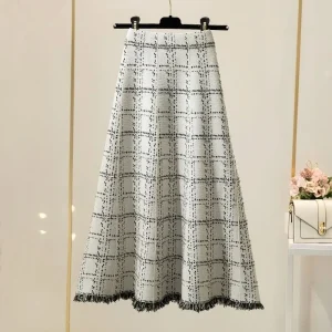 Gonna midi scozzese con nappe da donna in autunno e inverno, temperamento a vita alta, gonna lavorata a maglia a trapezio da medio a lunga versatile 1