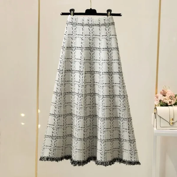 Gonna midi scozzese con nappe da donna in autunno e inverno, temperamento a vita alta, gonna lavorata a maglia a trapezio da medio a lunga versatile 1