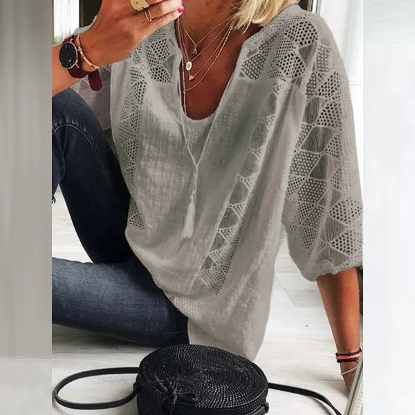 Tunica in cotone e lino da donna Top con scollo a V manica a 3/4 T-shirt allentata casual Moda donna Abbigliamento quotidiano 2023 5
