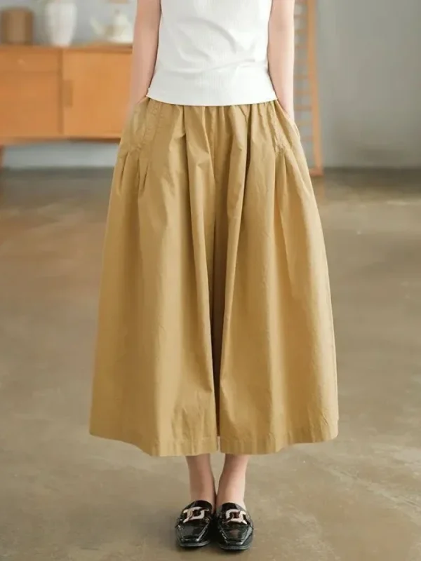 Pantaloni da donna kaki 100% puro cotone Casual allentato elastico in vita pantaloni a gamba larga donna 2025 estate nuovi pantaloni gonna nera retrò 2