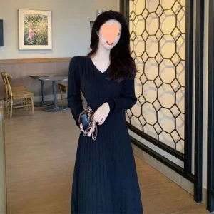 Abito maglione lungo lavorato a maglia francese FAshi da donna che impara la vita con scollo a V manica intera autunno inverno nuovo stile abito strato base 1