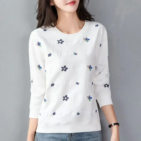 Donna primavera autunno girocollo Pullover lanterna manica lunga geometrica pianta e fiori stampa t-shirt Casual Office Lady top 3