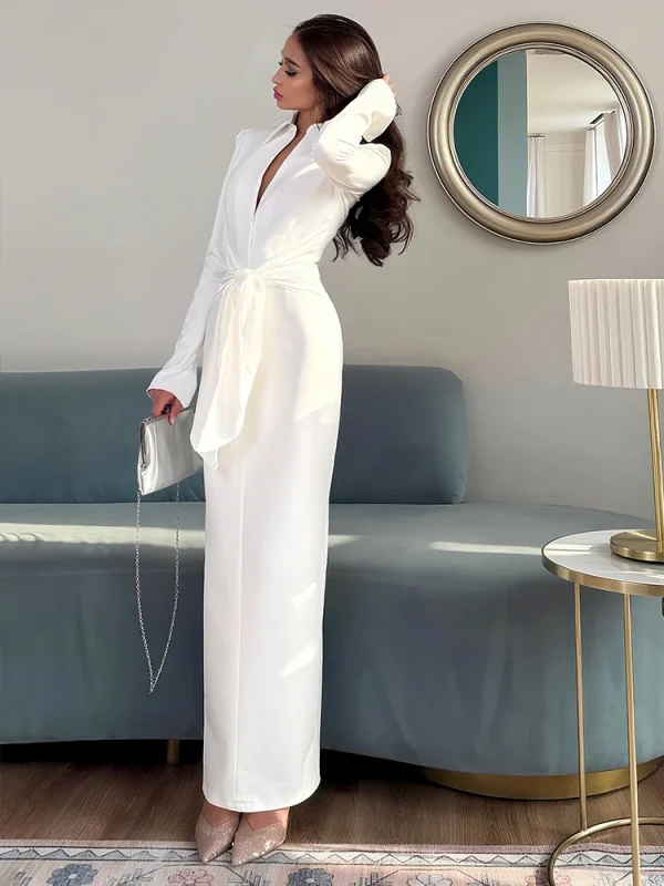 Abito lungo imbottito con spalle scoperte Nibber Abito da donna sexy con fasciatura avvolta con zip Manica lunga con spacco Elegante ufficio solido Semplice aderente attillato 5