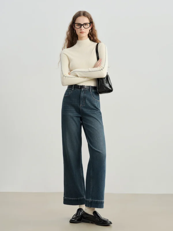 ZIQIAO 2025 Jeans in denim foderati in pile blu vintage di nuovo arrivo invernale per jeans da donna alla caviglia con gamba dritta dimagrante Petite 3
