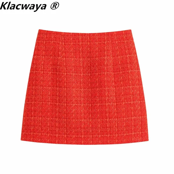 Klacwaya 2021 moda donna due pezzi Set Vintage stampa fodera Tweed Blazer cappotto femminile fessura anteriore Tweed minigonna vestito Chic 5