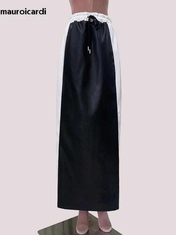 Lautaro Autunno Inverno Bianco e nero Patchwork Pu Pelle Gonna lunga fino al pavimento Donna con coulisse Abiti in vita elastica 2025 4
