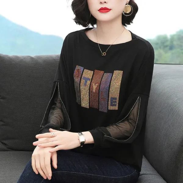 Moda diamanti manica a pipistrello Casual top abbigliamento donna primavera autunno coreano garza impiombata pullover t-shirt tinta unita 3