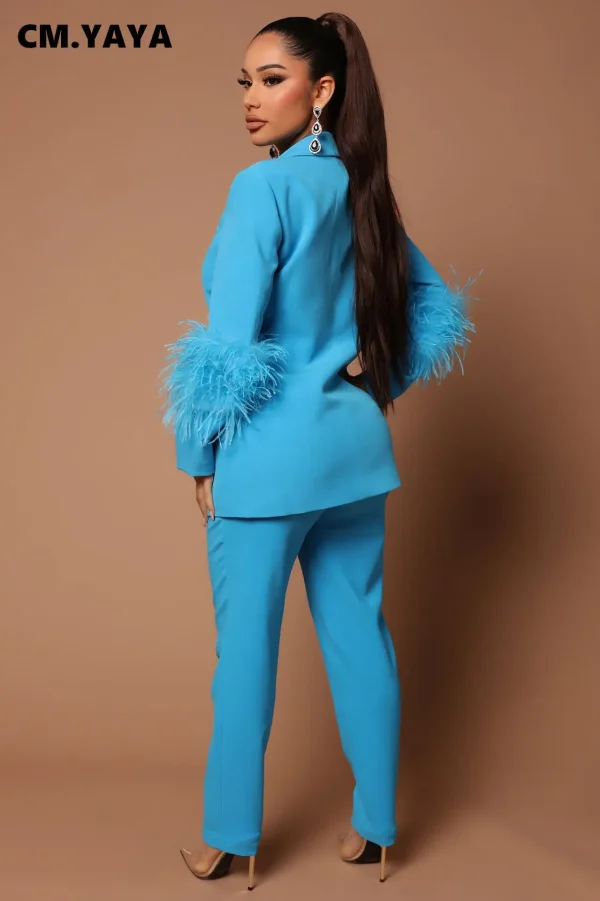 CM.YAYA Vintage Women Fur Hem manica lunga Blazer Suit and Pants 2023 Chic OL Fashion due 2 pezzi Set outfit tuta Basic 2