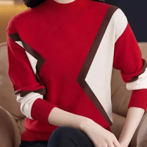 ZANZEA 2025 Donne di Autunno Elegante Collo Alto Lavorato A Maglia Magliette Casual A Maniche Lunghe T-Shirt Moda Colorblock Magliette e camicette Patchwork Tuniche 1