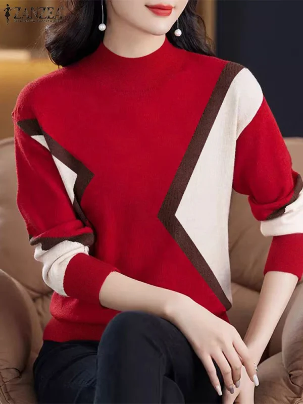 ZANZEA 2025 Donne di Autunno Elegante Collo Alto Lavorato A Maglia Magliette Casual A Maniche Lunghe T-Shirt Moda Colorblock Magliette e camicette Patchwork Tuniche 1