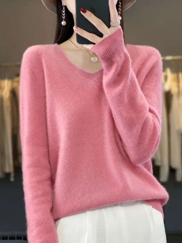 100% lana Merino maglione da donna con scollo a v pullover a maniche lunghe autunno inverno maglione di base maglieria in Cashmere abbigliamento femminile caldo 3