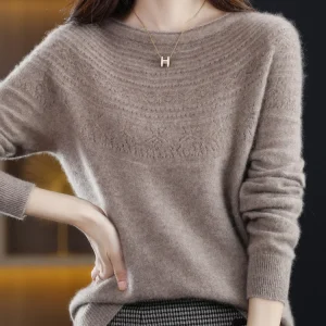 Vendita calda Slash Neck Classics scava fuori 100% Cashmere lana Merino donna senza soluzione di continuità Casual maglione allentato Pullover abbigliamento 1