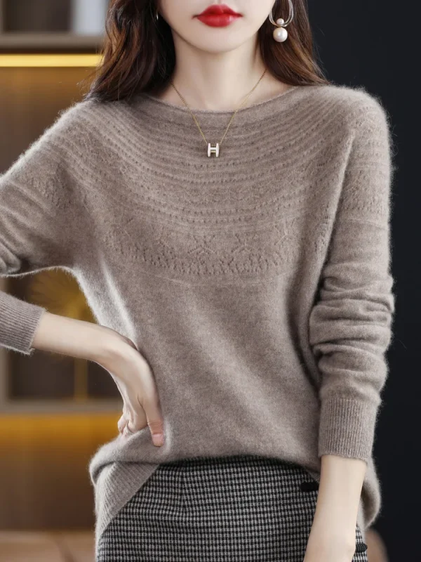 Vendita calda Slash Neck Classics scava fuori 100% Cashmere lana Merino donna senza soluzione di continuità Casual maglione allentato Pullover abbigliamento 1