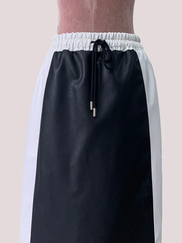 Lautaro Autunno Inverno Bianco e nero Patchwork Pu Pelle Gonna lunga fino al pavimento Donna con coulisse Abiti in vita elastica 2025 3