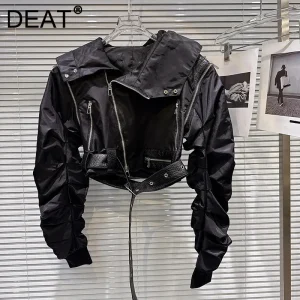 DEAT 2025 Autunno Nuovo Alla Moda Della Chiusura Lampo Manica Staccabile Con Cappuccio Con Cintura Giacca Corta Per Le Donne High Street Cappotto Femminile 11A05901 1