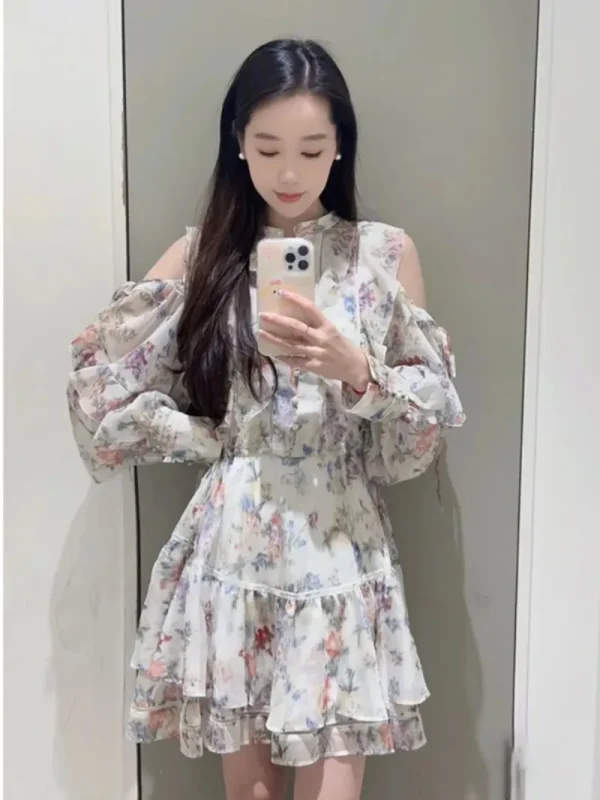 Abito da donna a maniche lunghe con spalle scoperte Abiti con volant Primavera Tunica con lacci Abiti Stile giapponese Vestido 2025 Nuovo Ropa Mujer 3