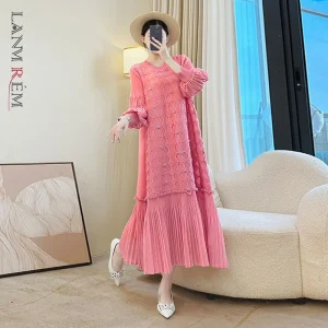 LANMREM Nicchia Perline Design Abito da donna a pieghe larghe Colletto tondo Manica a lanterna Scava fuori Patchwork Famale Abbigliamento DB5110 1