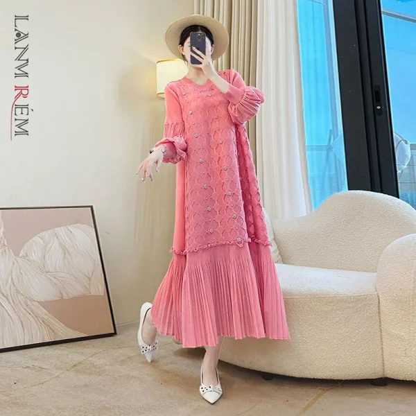 LANMREM Nicchia Perline Design Abito da donna a pieghe larghe Colletto tondo Manica a lanterna Scava fuori Patchwork Famale Abbigliamento DB5110 1