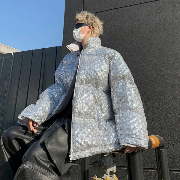 Giacca di paillettes ispessimento invernale Parka caldo da uomo moda Casual cappotto con cappuccio uomo Streetwear cappotto Hip Hop allentato 4