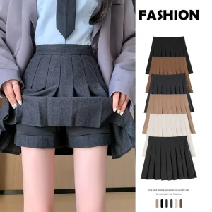 Gonne a pieghe di lana autunno inverno Donna Nuova minigonna dimagrante a vita alta coreana Gonna a trapezio con cerniera laterale stile preppy da donna 1