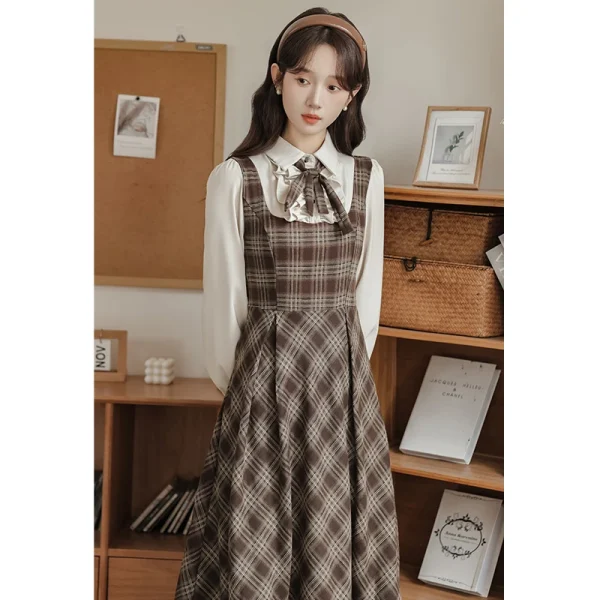 Abito scozzese stile francese Donna Primavera Autunno Falso in due pezzi con fiocco Abiti lunghi Abiti eleganti da festa vintage 5