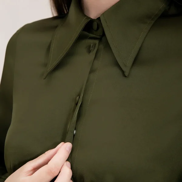 Abito lungo con colletto AP 25 AW da donna Nuovo abito in raso nero e oliva Cintura in vita Abiti eleganti 6