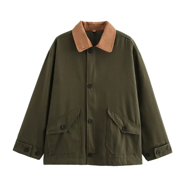 Giacca da donna con risvolto monopetto con design a colori patchwork, nuova giacca in cotone caldo a maniche lunghe stile retrò casual 3