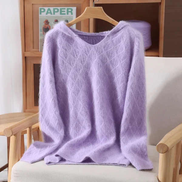 Autunno Inverno Donna 100% puro visone cashmere cappuccio scollo a V e pullover maglione casual allentato versatile maglione lavorato a maglia tinta unita 2