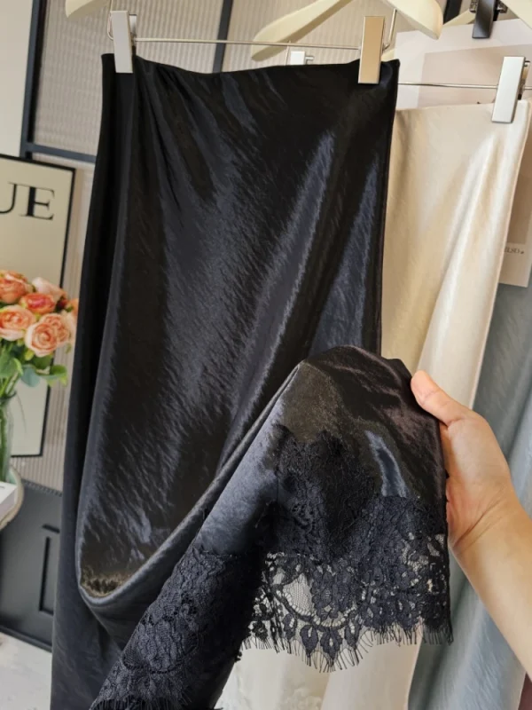 Gonna longuette patchwork in pizzo satinato 2025 Donna A-line elegante gonna liscia Abbigliamento donna 6