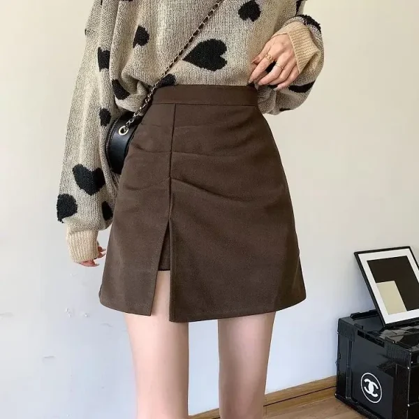 Minigonna a linea A a vita alta per donna Gonna corta asimmetrica a pieghe di lana Maglione autunno inverno abbinato taglie forti 3