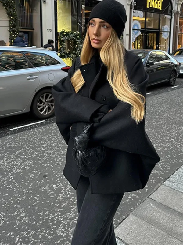 Cappotto doppiopetto in lana da donna Colletto rovesciato nero Capispalla casual allentato 2025 Giacca da strada a maniche lunghe femminile autunnale 6