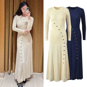 Abito da donna di media lunghezza lavorato a maglia sottile con fibbia diagonale in metallo a maniche lunghe in 2 colori 1