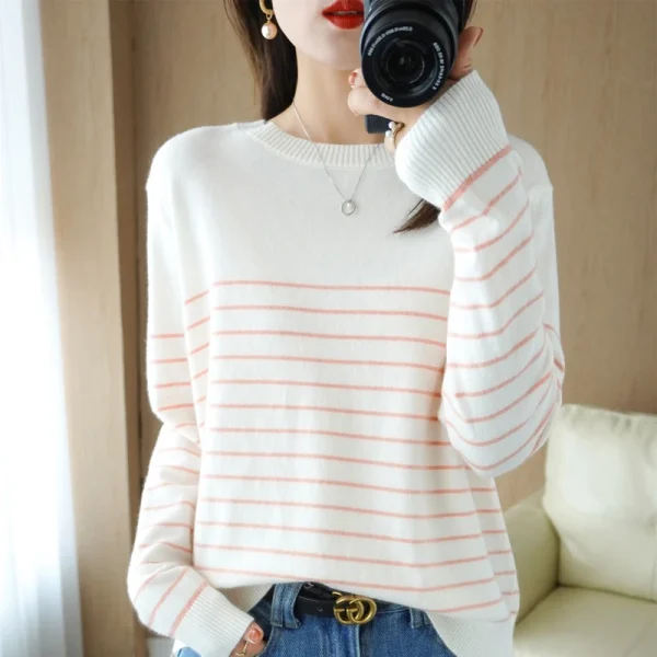 Maglione lavorato a maglia in cotone 100% maglione da donna a righe abbinate ai colori girocollo di grandi dimensioni temperamento allentato manica lunga fondo 3