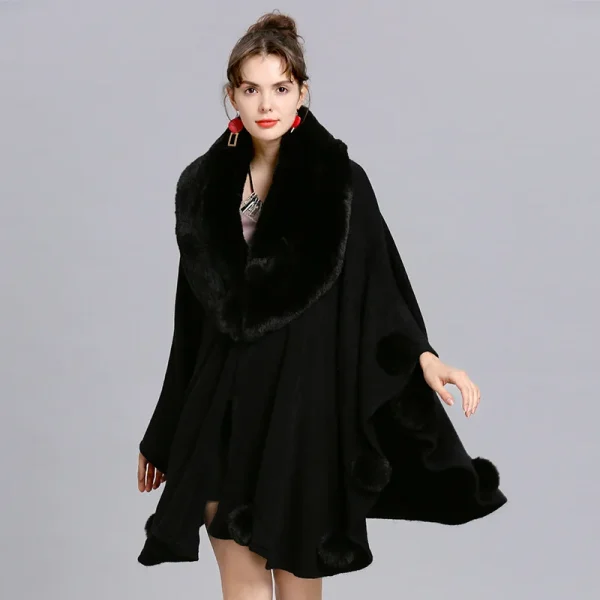 Mantelle a pendolo grande da donna Poncho scialle con palla di pelo invernale maglione lavorato a maglia oversize grande Cardigan con collo in pelliccia di volpe sintetica soprabito con Pompon 3