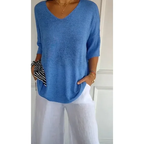 Women's Knitted Base Layer Top Casual Sweater V-Neck Slimming Seven-Half Sleeve Solid Color Top For Summer Thin Section 2