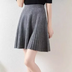 Minigonna in lana merino al 100% Gonna a pieghe lavorata a maglia in vita elastica tinta unita alla moda autunno inverno da donna coreana 1