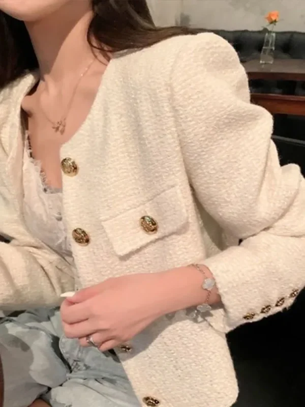 Semplice solido inghilterra giacca di Tweed donna bottoni eleganti manica lunga cappotto dolce Casual O collo moda sciolto autunno inverno Top 6