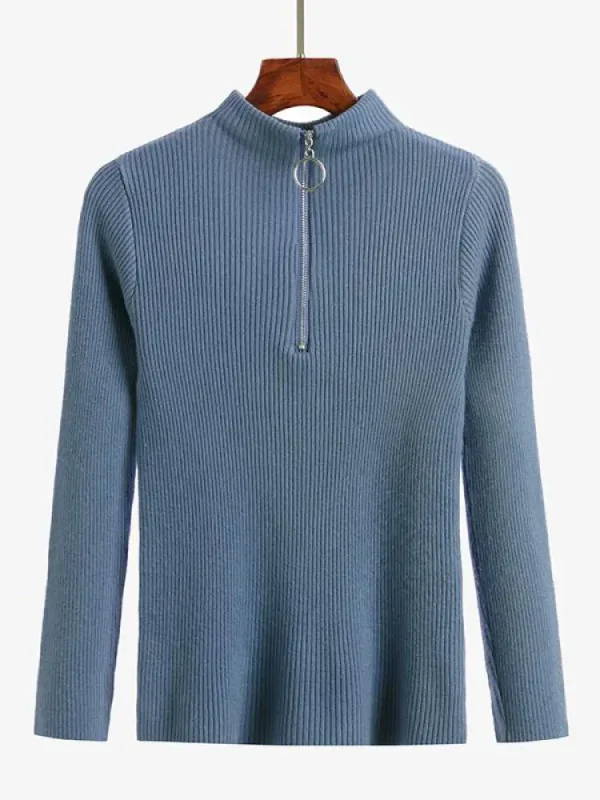Maglioni lavorati a maglia solidi moda donna Maglione vintage a maniche lunghe con zip basic a mezzo collo alto Pullover femminili Top casual chic 3