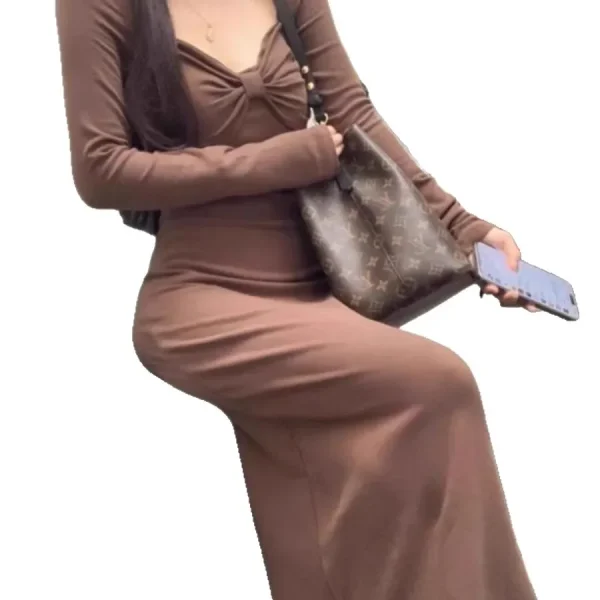Abito aderente a maniche lunghe avvolgente lavorato a maglia con scollo a V Abito longuette a vita bassa da donna stagione autunno inverno lunghezza alla caviglia 5