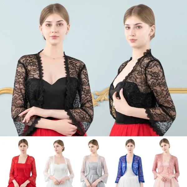 Cardigan da donna elegante con maniche svasate in pizzo Scialle da sposa da sposa Coprispalle aperto sul davanti Scialle e involucri Casual Bolero Cappotto da donna Top 2