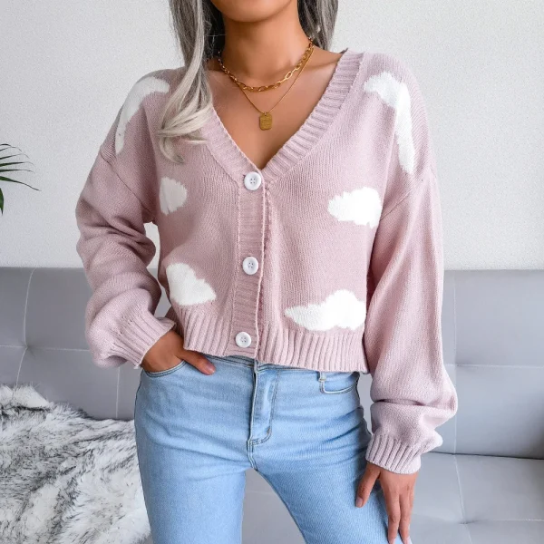 Maglione lavorato a maglia autunno inverno nuvola bianca donna scollo a V manica lunga colori contrastanti cardigan moda abbigliamento casual 3