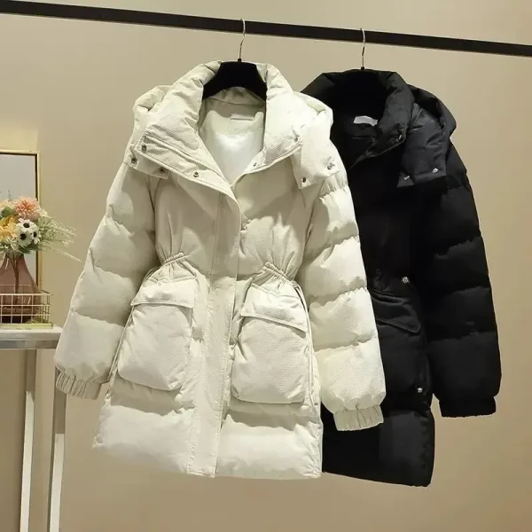 Piumino in cotone ispessito alla moda Cappotto invernale di media lunghezza da donna Design in vita dimagrante Capispalla caldo ed elegante 3