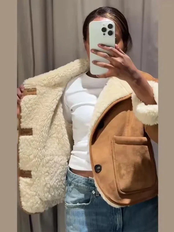 Giacca in pelle scamosciata da donna 2025 Moda autunno inverno Cappotti corti double face Giacche con bottoni a maniche lunghe Cappotto da donna per il tempo libero da strada 3