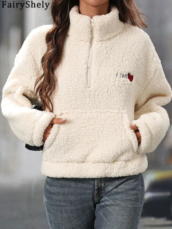 Fairyshely 2025 Autunno Inverno Bianco Felpe con cappuccio da donna Manica lunga con cerniera Felpa con cappuccio Casual Lady Felpa con cappuccio in peluche allentata Top 1