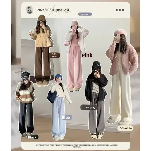 Pantaloni a gamba larga foderati in pile blu Pantaloni lunghi dritti casual larghi a vita alta da donna Pantaloni pigri Pantaloni lunghi fino al pavimento 2