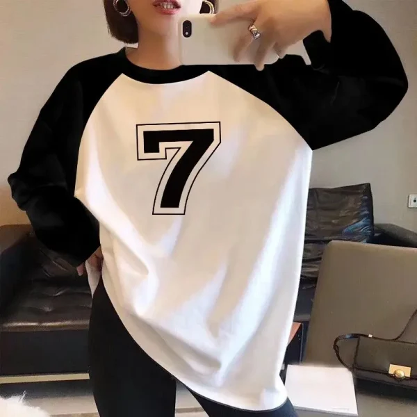 T-shirt allentata oversize vintage stile americano autunno inverno Abbigliamento donna T-shirt casual a maniche lunghe con o-collo Top chic in puro cotone 4