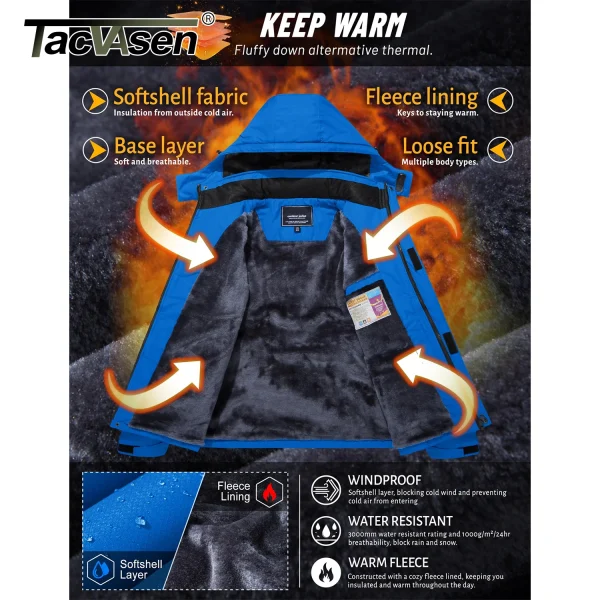 TACVASEN Giacca invernale da sci e snowboard addensata Giacca da trekking impermeabile in pile da uomo Giacca a vento da trekking in montagna all'aperto Parka 3